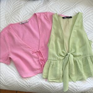 Zara Pink Short Tie-Front Top & Zara Light Green Tie-Front Peplum Top